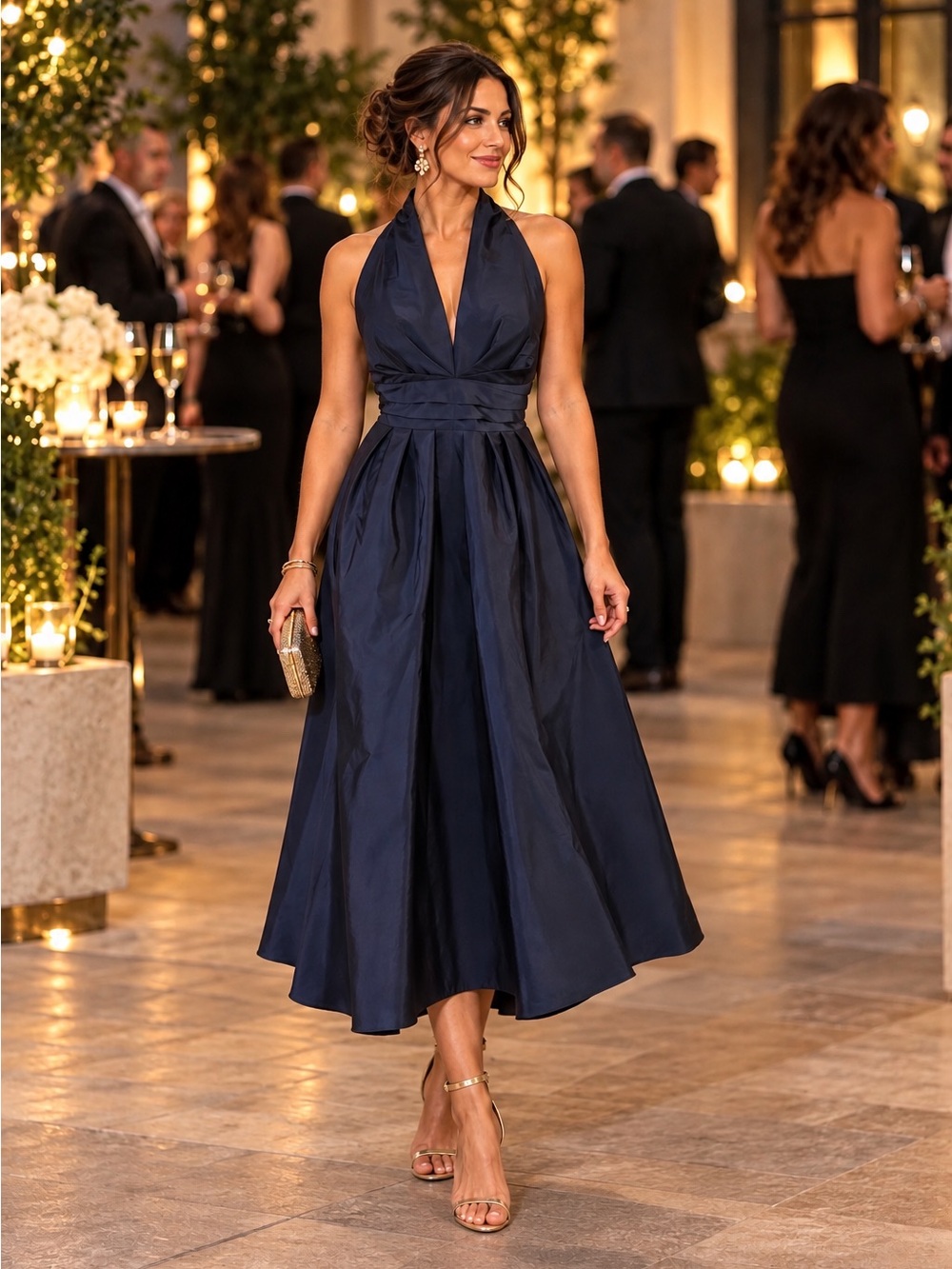 Donna Karan Midnight Navy Halter V-neck Pleated Waist Cocktail Dress 16 NEW